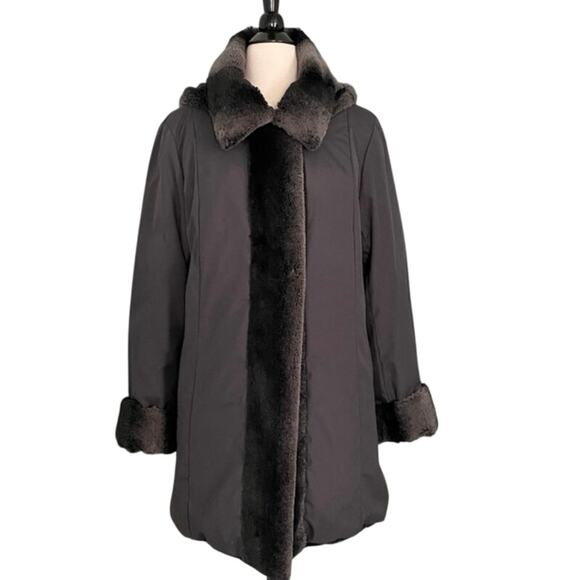 Dennis by Dennis Basso Reversible Faux Fur Hooded Coat Gray Black Large - Picture 2 of 11